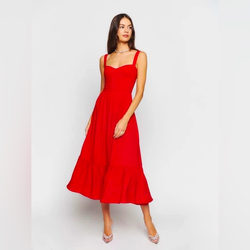 REFORMATION Celestia Cherry Red Sun Ruffle Guest Midi Dress